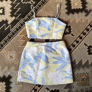 Pink Lily Yellow and Light Blue Floral Midi Skirt Set